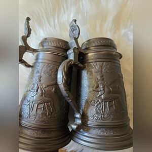 2 Vintage Heavy Pewter & Stainless German Stein Tankard Hinged Lid with 3D Image